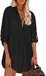 Hotouch Women's Boyfriend Shirt Dress Button Down Shirts Cuffed Sleeve Tunic Shirts Collared Blouse, Black S