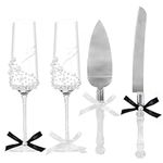 Set of 4 Wedding Toasting Flutes and Cake Server Set - Champagne Flutes and Cake Cutting Set, Bride and Groom Pearl Glasses and Cake Knives Set for Wedding Reception Engagement Gifts