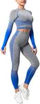 OLCHEE Women’s Workout Set 2 Piece Tracksuit - Seamless High Waist Leggings and Crop Top Yoga Activewear Set, C: Blue - Grey, Large