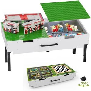 3 in 1 Lego Table with Storage,Wooden Kids Activity Table Compatible with Lego and Building Block,Construction+Train+Chess Toddler Play Table,Wheels for Under Bed or Sofa Storage