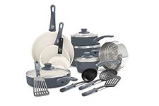 GreenLife Soft Grip Healthy Ceramic Nonstick 16 Piece Kitchen Cookware Pots and Frying Sauce Pans Set, PFAS-Free, Dishwasher Safe, Quartz Gray