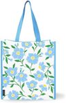 kate spade new york Reusable Shopping Bag, Grocery Tote with Shoulder Straps, Large Collapsible Tote, Sunshine Floral, Blue, White, 14 inches long, 9.5 inches wide, 14 inches high, Grocery Tote