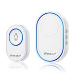 Wesstun Wireless Doorbell, Waterproof Door Bells Wireless Cordless with 39 Loud Chimes & 5 Levels Volume Adjust, Doorbell Wireless Transmitter Battery Operated Easy Install at Home, White