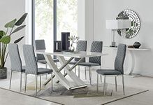 Furniturebox UK Dining Set - Mayfair 6 Modern White High Gloss Stainless Steel Metal Dining Table and 6 Stylish Milan Dining Chairs Seats Set (Dining Table + 6 Elephant Grey Milan)