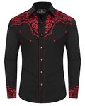SALVAJE OESTE Embroidered Western Cowboy Shirts for Men Snap Button Long Sleeve Shirt with Western Cowboy Embroidery, Black-red, Large