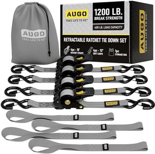AUGO Retractable Ratchet Straps – 1" x 10' – 1200Lb Breakstrength – 4 Heavy Duty Self Retracting Tie Downs with Safety Lock S Hooks, Soft Loops & Storage Bag – for Motorcycle,Tree Stand,Bed,Boat,Cargo