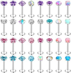 ONESING 32 Pcs 20G Silver Push in Lip Rings Stainless Surgical Steel Piercing Jewelry Push Pin Earrings Flat Back Nose Ring Stud- Fashionable Set for Men and Women