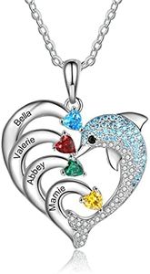 JewelOra Gifts for Mom Personalized Dolphin Necklace Customized Heart Necklace with Simulated Birthstone Engraved Name Necklace Pendant for Women Mom Cute Dolphin Animal Jewelry Gift(4 name)