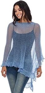 SHU-SHI Womens Sheer Poncho Shrug Lightweight Knit Ruffle Pullover Sweater Top (One Size, Baby Blue)