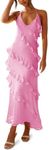 Wenrine Womens Sexy Chiffon Halter Maxi Dress Sleeveless Backless Ruffle Tassel Party Club Dresses, Pink, Large