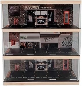 kivcmds 1:64 Scale 3-Tiers Vehicle Model Display Case for Sports Car and Lego Model Collectors, Display Stand for Alloy Car Model Toy with Parking Lot Scene (3-Tiers Auto Repair Store Scene)