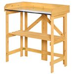 Outsunny 35'' Wooden Garden Potting Bench Table with Open Shelf, Outdoor Foldable Work Bench with Metal Tabletop, Natural