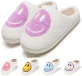 LINWIND Fuzzy Slippers for Women Men, Cute Retro Fluffy Happy Face House Slippers, Plush Memory Foam Slippers for Women Indoor and Outdoor Cozy Trendy Slip-On Shoes, Purple, 8.5-9.5 Women/8-9 Men