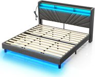 Rolanstar King Size Bed Frame, Storage Headboard with Charging Station and LED Lights, Upholstered Bed with Heavy Duty Wood Slats, No Box Spring Needed, Noise Free, Easy Assembly, Dark Grey