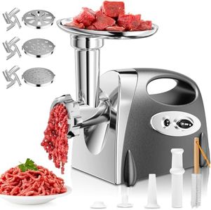 Electric Meat Grinder: [3000W Superior Motor] Meat Grinder with 6 PCS Stainless Steel Blades & Grinding Plates, Sausage Stuffer Tubes & Kubbe Kit Portable Handle for Gift (Gray New)