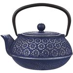 Japanese Cast Iron Teapot with Infuser for Loose Leaf and Tea Bags, Kettle Includes Handle and Removable Lid (Blue, 34oz)