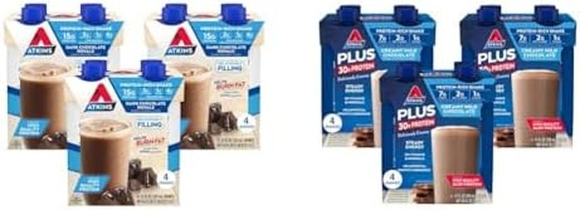 Atkins Dark Chocolate Royale Protein Shake & Creamy Milk Chocolate PLUS Protein Shake, 30g Protein, 7g Fiber, 2g Net Carb, 1g Sugar, Keto Friendly, Low Carb, High Protein Drink, 12 Count