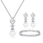 CERSLIMO Jewellery Set for Women - Pearl Pendant Necklace, S925 Sterling Silver Dangle Earrings & Adjustable Cubic Zirconia Bracelet Set | White Gold Plated Jewelry Womans Gift Sets for Wedding Party