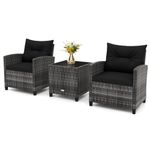 RELAX4LIFE 3 Piece Patio Furniture Set, Wicker Bistro Conversation Set w/2 Cushioned Armchairs & Glass Topped Table, Outdoor Rattan Sofa Set Patio Furniture for Porch Balcony Poolside (Grey-Black)