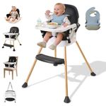zebrater High Chairs for Babies and Toddlers, Portable Baby High Chair with Dual-Layer Adjustable Food Tray & Footrest, Compact Infant Feeding Chair, Toddler Dining High Chair with 5-Point Harness, Easy to Clean, Includes 2 Baby Bibs, Black