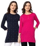 Star Touch Women Regular Fit Henley All Over Print T-Shirt Kurta (Combo of 2) | 5XL | Navy Blue-Dark Pink