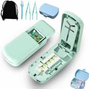 DJQJLF 4-in-1 Pill Cutter & Pill Splitter for Small Pills – Cuts 1/2, 1/3 & 1/4, One-Touch Tablet Crusher with Hidden Safety Lock for Seniors & Pets (Portable Kit with Tweezers, Brush & Bag)