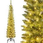 HAPPYGRILL 5FT Pre-lit Christmas Tree, Artificial Pencil Xmas Tree with 296 Branch Tips, 150 Warm White LED Lights, Foldable Metal Stand, Seasonal Decoration Tree for Home Office Party