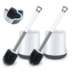 Silicone Toilet Brush and Holder Set 2 Pack, ENSPOWAY Bathroom Toilet Cleaner Brush Modern Design Deep Cleaning Rubber Toilet Bowl Brushes with Non-Slip Long Handle and Quick Drying Holder, White