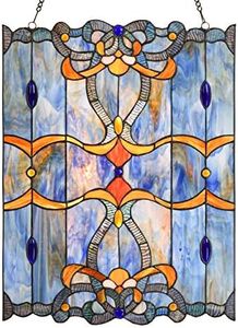 Bieye W10042 Baroque Tiffany Style Stained Glass Window Panel with Chain, Blue, 17" W x 22" H