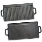 Andes Double Sided Cast Iron Griddle Plate with Handles, Ribbed Grill Pan/BBQ Skillet for Camping, 50 x 23cm