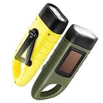 GeeRic 2-Pack Hand Crank Solar Powered Flashlight, Emergency Rechargeable LED Flashlight, Survival Flashlight, Quick Snap Carabiner Dynamo Flashlight Torch for Outdoor Sports, Army Green+Yellow