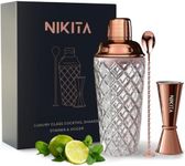 NIKITA Cocktail Shaker Set - Silver Cocktail Shaker Set - Matching Cocktail Jigger and Stirrer - Bar Cart Accessories - Martini Shaker with Strainer - Glass Drink Shaker - 4 pcs - Gift Box (Rose Gold)