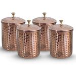 Indian Art Villa Pure Copper Hammered Design Storage Box/Container with Brass Knob On Top, Volume-900 ml, Set of 4