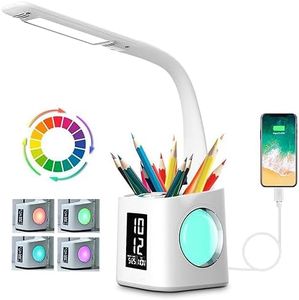 Lampe de bureau LED Eye-Caring Lampe de Table D'étude Port de charge USB Lumière de L'atmosphère Nocturne avec Porte Stylo/Écran Heure/Calendrier 3 Niveaux Dimmable Lampe de Lecture pour Enfants 10W