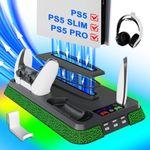 PS5/Slim/Pro Stand and Cooling Station with LED Controller Charging Station for PlayStation 5 Console,Accessories Incl.Controller Charger,PS5 Cooling Fan,Headset Holder,3 USB Hubs (Boom-Black)