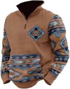 RTTUIOP Cowboy Jacket For Men Jackets for Men Western Aztec Ethnic Print Vintage Top Long Sleeve Shirt Stand Collar Button Down Pullover Coat Mens Quarter Zip Pullover