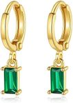 Green Earrings 18k Gold Plated Huggie Earrings with Dangle Simulated Emerald Earrings for Women Small Gold Huggie Hoop Earrings, Brass, Emerald Cubic Zirconia