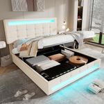 ModernLuxe Upholstered Double Bed, 4FT6 Bed Frame with Hydraulic Lever, Functional Storage Ottoman Bed, Square Embellishment, 7 Colors LED-light Strips, Without Mattress, Velvet Beige, 135x190cm