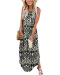 WNEEDU Womens Maxi Dresses 2024 Summer Sleeveless Dress Casual Loose Sundresses Split Cover up Tshirt Dresses with Pockets, Paisley Floral Black M