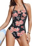 AI'MAGE Women's One Piece Swimsuit Halter Bathing Suit Ruched Tummy Control Swimsuits Push Up Swimwear 2025, Black and Pink Flowers, Small