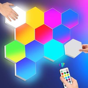 Hexagon Lights Remote Controlled, RGB LED Wall Lights Modular Light Panels Touch-Sensitive,DIY Geometric Gaming Lights with Stand, Infinitely Splicing for Gaming Room/Living Room/Bedroom/TV, 6 Pack