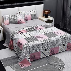 Juego de Sábanas Cama 135, Juego Sábanas 135x190/200cm 4 Piezas, Microfibra Extra Suave, Sábanas Bajera Ajustable, Encimera, 2 Fundas de Almohada - Juego Sábanas Estampadas Cuadros Rosados