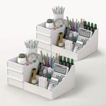 Kuber Industries Pack of 2 Stationary Organizers for Desk & Pen Holder for Study Table | 8 Compartments Pencil Box with Drawers for Students | White