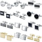 CASDAN 12 Pairs Cufflinks for Men Classic Tone Cuff Links Silver Black Striped Disc Square CZ Rectangle Cuff Links Shirt Suit Men’s Cufflinks For Wedding Groom Business Elegant Gift, Metal,