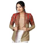 Fabcurate Stunning Ethnic Pashmina Blazer for Women (Red/Beige) - 2XL | Notched Collar with Full Sleeve Jacket for Ladies | Fashionable Casual Wear for Party