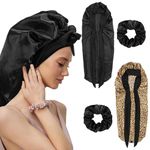 2 PCS Satin Hair Bonnet with Tie Band & 2 Hair Bands,Large Silk Bonnet for Sleeping,Silk Hair Bonnet Wrap,Sleep Night Cap for Long Curly Hair Braids,Women Satin Curly Hair Locs (Leopard Print + Black)