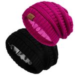 2 Pack Satin Lined Knitted Beanie Hats for Women Winter Warm Stretch Slouch Cable Beanie with Satin Silk Lining