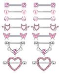 PATISORNA 7 Pairs 14G Nipple Rings for Women Surgical Steel CZ Heart Butterfly Flower Snake Barbell Nipple Rings Cute Nipple Body Piercing Jewelry