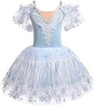 Girl Ballet Long Tutu Dress Cold Shoulder Spaghetti Straps Ice Skating Princess Puffy Skirt Camisole Gymnastics Leotard Kids Ballerina Costume Dress Up Swan Lake Performance Light Blue 4-5 Years