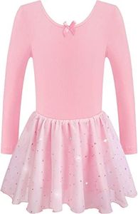 DANSHOW Girls Ballet Leotard Kids Long Sleeve Dance Leotard Dress with Glitter Tutu Skirt(4042-S-08)